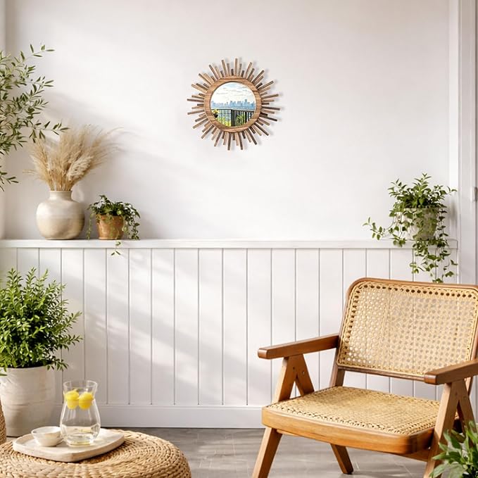 12 Inch Boho Sunburst Mirror, Round Wooden Wall Decor Starburst Sun Mirror for Bedroom, Living Room, Bathroom, Hallway, Balcony, Farmhouse Entryway, Housewarming Gift