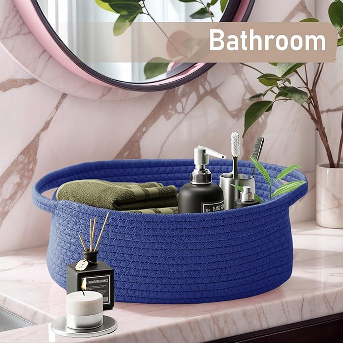 Woven Basket,Small Rope Storage Bin with Handles & Ribbon Bag, Organizer for Shelves Closets,Gift Basket Empty for Birthday,Books,Dog Toys, Navy Blue/3 Pack