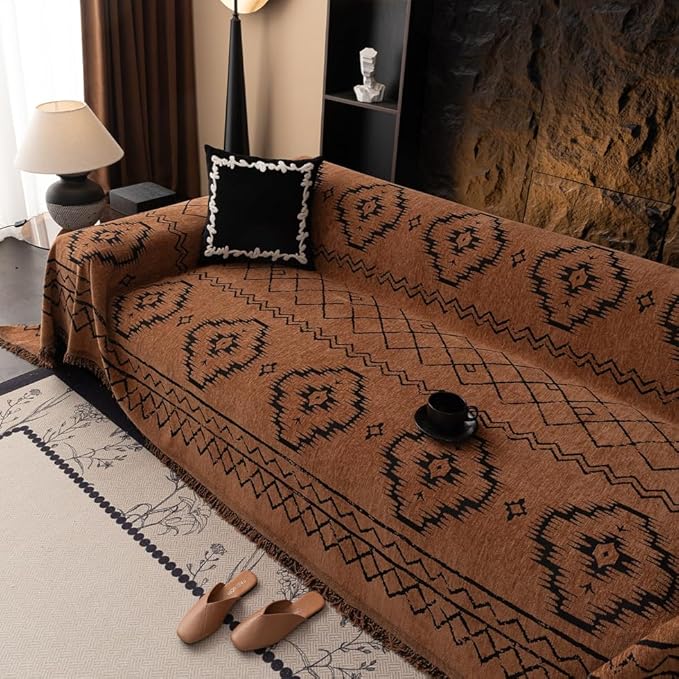 ROOMLIFE Brown Couch Cover 3 Cushion Sofa, Washable Non Slip Furniture Sofa Protector Cover, Soft Chenille Sofa Slipcovers Sectional L Shape Dogs Couch Cover Throw Blanket with Tassels 71''X118''