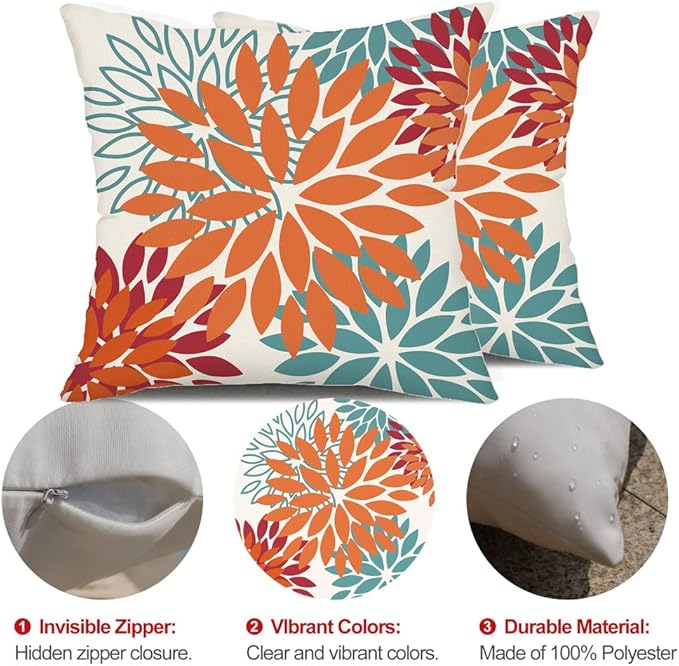 DFXSZ Orange Teal Red Flower Pillow Covers 22x22 Inch Set of 2 Fall Throw Pillows Outdoor Waterproof Decor for Living Room Sofa Patio Funiture Garden Floral Polyester Pillow Covers 002Y22