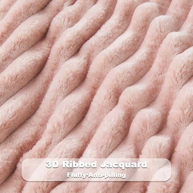 NEWCOSPLAY Super Soft Queen Blanket Pink Premium Silky Flannel Fleece 3D Ribbed Jacquard Lightweight Bed Blanket All Season Use (Pink Ribbed, Queen(90"x90"))