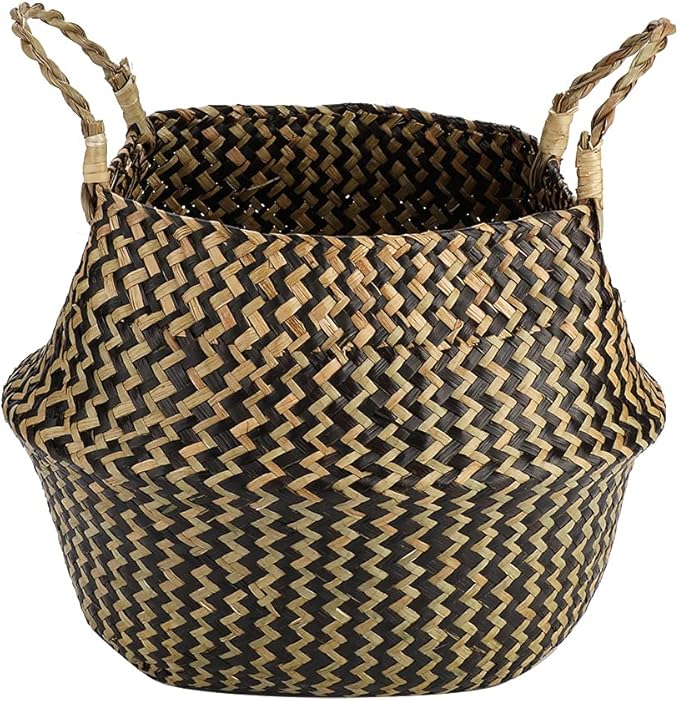 1Pc Woven Seagrass Belly Basket for Storage, Laundry, Picnic, Plant Pot Cover, and Grocery and Toy Storage (Black (Wavy Pattern))