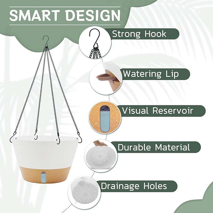 ZMTECH 2 Pack 12 Inch Hanging Planters for Indoor Plants, Large White Self Watering Hanging Planter with Visible Water Level & Removable Tray, Decorative Flower Pots for Outdoor Garden
