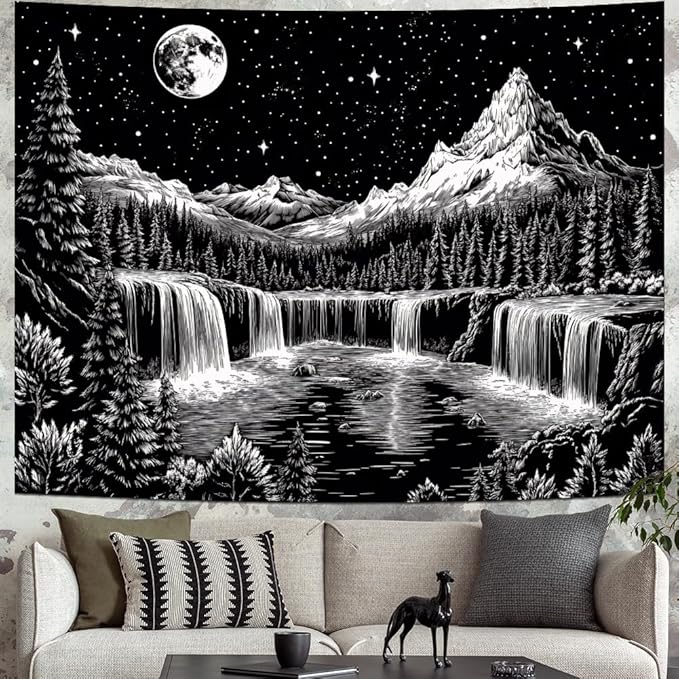 Leofanger Black and White Tapestry Starry Night Mountain Tapestry Aesthetic Moon Wall Tapestries Galaxy Space Tapestries Wall Hanging for Home Decor(70.8"x92.5")