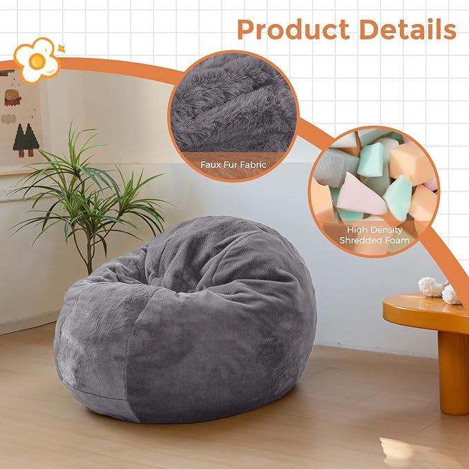 MAXYOYO 3 in 1 Kids Bean Bag Chair Bed, Child Floor Sofa for Gaming, Reading, Faux Fur Floor Mattress with High-Density Foam Filling for Living Room Bedroom