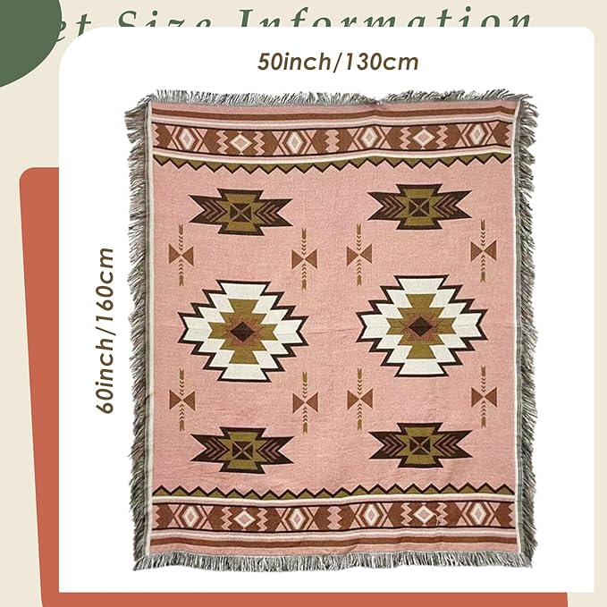 Snycler Boho Throw Blanket for Bed 50 * 60inch Woven Blanket Cotton Polyester Farmhouse Decor for Indoor Outdoor Sofa Bedroom Garden，All Season(Pink)