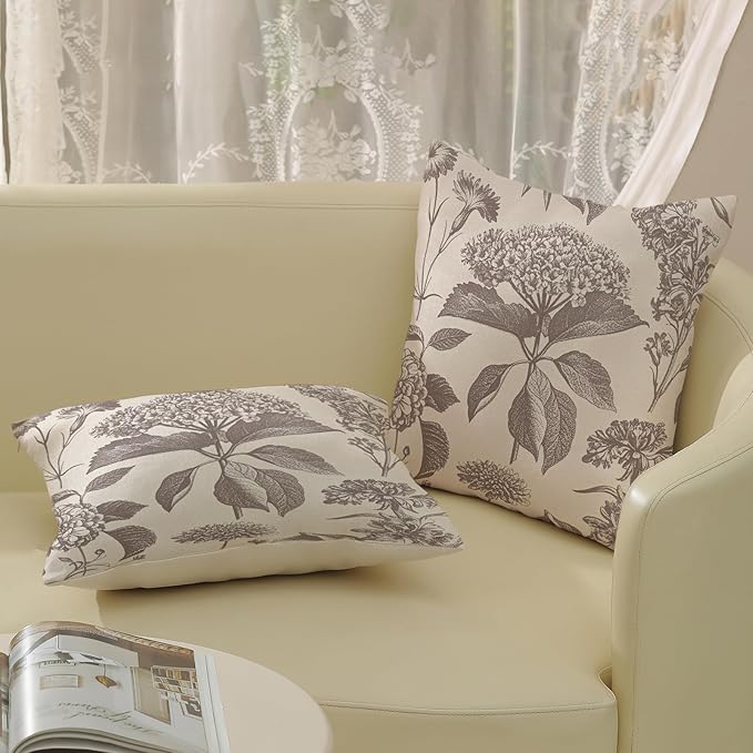Tan Khaki Pillow Covers 18x18 Set of 2 Vintage Boho Floral Hydrangea Herbs Botanical Throw Pillow Cover Outdoor Flower Decorative Pillowcase Linen Farmhouse Cushion Case Decor for Couch Sofa