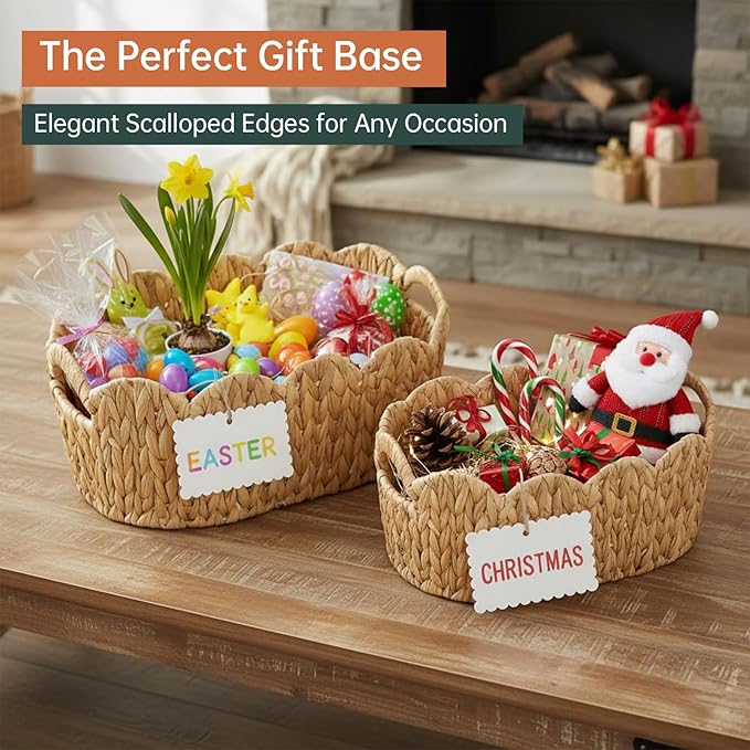 Scalloped Basket Set of 2,Water Hyacinth Basket for Organizing and Decor,Hand-Woven Wicker Storage Baskets with Built-In Handles for Nursery,Gift,Laundry