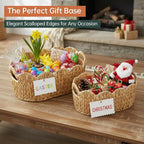 Scalloped Basket Set of 2,Water Hyacinth Basket for Organizing and Decor,Hand-Woven Wicker Storage Baskets with Built-In Handles for Nursery,Gift,Laundry