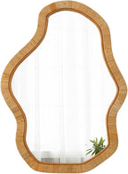 Asymmetrical Mirror 22 X 30 Inch, Hanging Boho Wavy Rattan Mirrors for Wall, Handmade Wicker Irregular Decorative Mirrors for Living Room Hallway Entryway Bedroom Bathroom