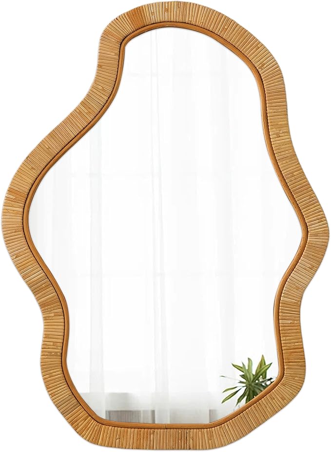 Asymmetrical Mirror 22 X 30 Inch, Hanging Boho Wavy Rattan Mirrors for Wall, Handmade Wicker Irregular Decorative Mirrors for Living Room Hallway Entryway Bedroom Bathroom
