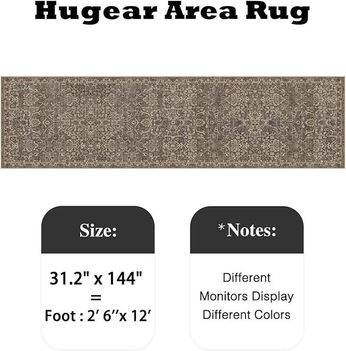 HUGEAR 2'6''x12 Runner Rug Machine Washable Retro Brown Hallway Area Rug Indoor Vintage Rug Floral Low Pile Carpet Soft Throw Rug Bedroom Living Room Office Dining Room Kitchen Laundry Room Non Slip