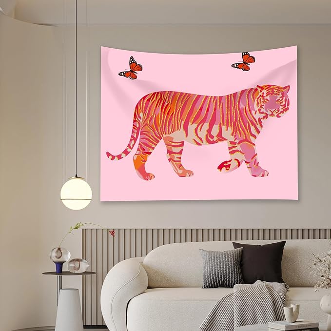 Tiger Aesthetic Tapestry - Pink Butterfly Tapestries, Boho Wall Tapestries, Picnic Sheet Wall Decor Blanket for Girl Bedroomfor Bedroom, Living Room, Dorm - 50 x 60 Inch