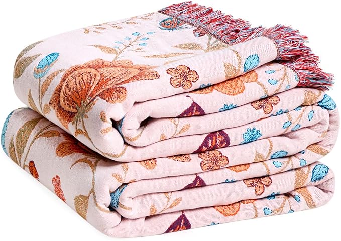 Boho Throw Blanket for Couch Sofa Chair Cotton Spring Blankets for Bedroom Living Room All Season Soft Lightweight Reversible Floral Butterfly Embroidery Decorative Throws 50"x60" Home Decor