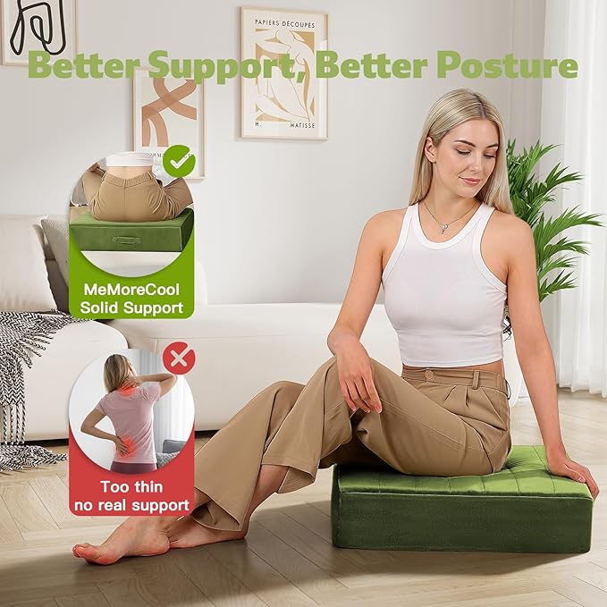 MeMoreCool Square Floor Pillows for Adults Kids, 2 Sets Large Meditation Cushion with 5" Thick Foam and Washable Tufted Cover, 24 Inch Green Seat Floor Cushions for Sitting and Yoga
