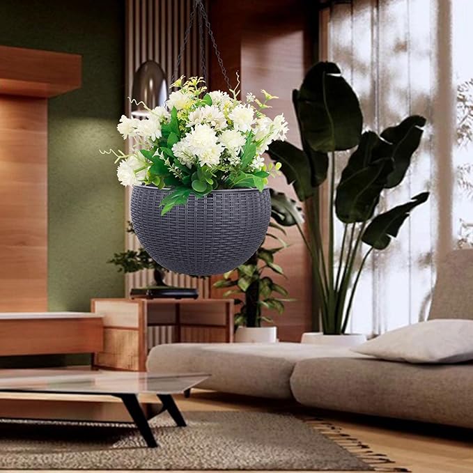 Vencer 11 Inch Round Resin Rattan Hanging Planters,Self Watering Hanging Basket for Indoor Outdoor Plants,Hanging Flower Pots with Drain Hole and Metal Chain,Water Indicator,Grey,VF-A15-G