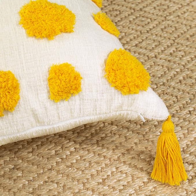 PLWORLD Boho Yellow Throw Pillow Cover 18x18 Inch with Tassels, Pom Pom Tufted Decorative Cream Chenille Fabric Accent Textured Cushion Case for Bed Couch, 1 PC Cover Only No Insert