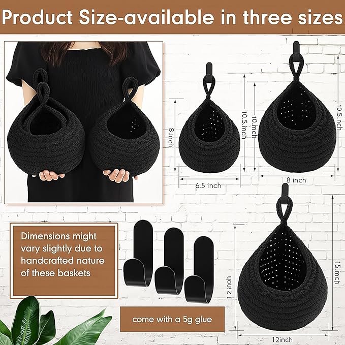 Honeydak Boho Decor Hanging Wall Baskets for Kitchen 3 Pack Teardrop Baskets with Hooks Storage Fruit Onion Vegetable Potato for Home 3 Sizes(Black,Teardrop,Cotton Rope)