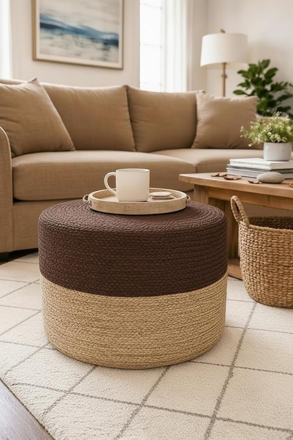 Jute Pouf Ottoman | Footrest Pouf | Hand Braided - Round Boho Pouffe - for Living Room, Bedroom, Nursery (20"x20"x10") Brown