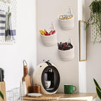 Fabric Wall Hanging Baskets - 3Pack Woven Pouchs Boho Style Wall Mounted Bag with Adhesive Hooks, Storage Organizers and Decoration Pocket Caddy Bins on Door Rack (White & White, Large)