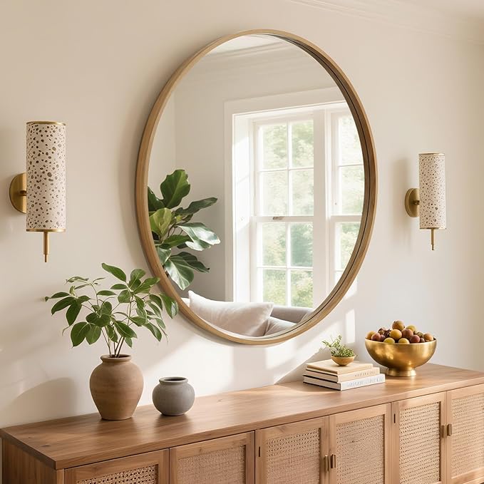 WallBeyond Round Wood Mirror, 36" Round Modern Decoration Large Circle Wall Mirror for Bathroom Living Room Bedroom Entryway, Natural
