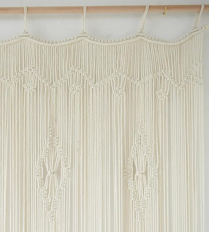 IOWER Macrame Curtain Long Cotton Window Panel Boho Curtains for Bedroom Wedding Backdrop Room Divider Doorway Closet Apartment 35''W x 70''L