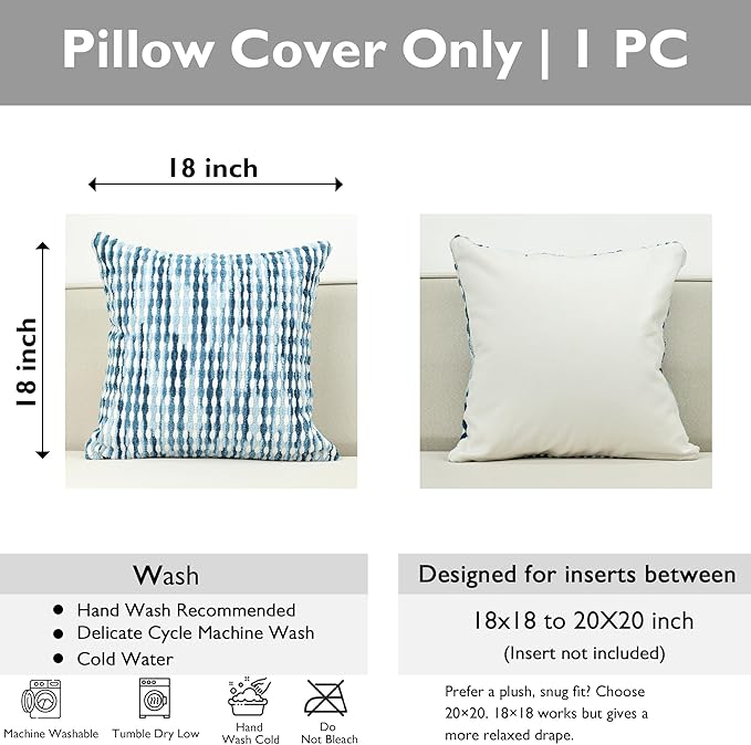 Boho Chenille Striped Pillow Cover 18x18 Inch, Decorative Pillow Cover for Couch Bed Sofa Living Room Bedroom Farmhouse Modern Home Decor Accent Pillowcases Set of 1, Blue White