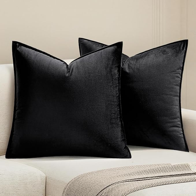 MIULEE Black Velvet Throw Pillow Covers 24x24 Soft Decorative Solid Square Euro Sham Cushion Cases Pack of 2 Modern Luxury Home Decor for Couch, Sofa, Bedroom