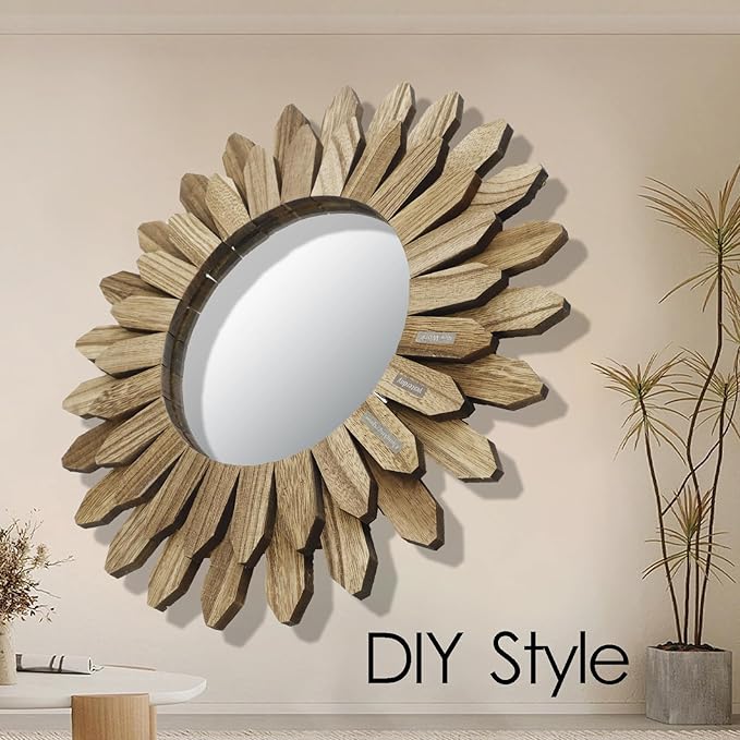 CEYAZYE Wooden Wall Mirror Decorative, Rustic Wood Mirror Decor 12in/30cm Sunburst Boho Hanging Mirrors for Bedroom Living Room Bathroom Entryway Farmhouse Home Gift with Nice Sticker Decals