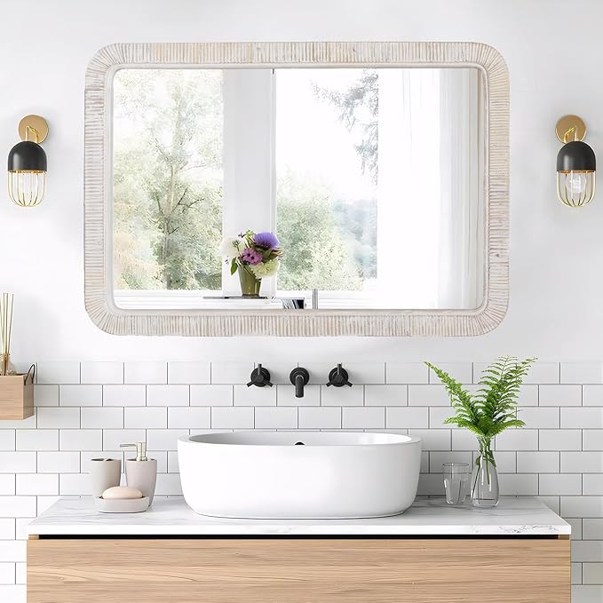 FUIN 20" x 30" Rattan Wicker Rectangle Wall Mounted Bathroom Mirror for Coastal Boho Nursery Decor, White Wash