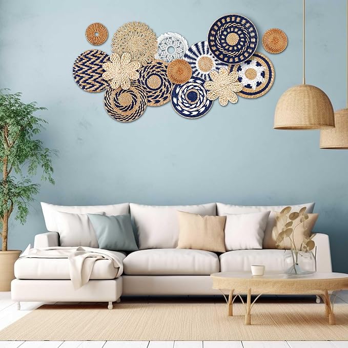 Xuhal 15 Pcs Boho Wall Basket Decor Handcrafted Seagrass Woven Wall Basket Rustic Round Woven Hanging Art for Home Farmhouse Kitchen Table Living Room(Blue Classic Style)