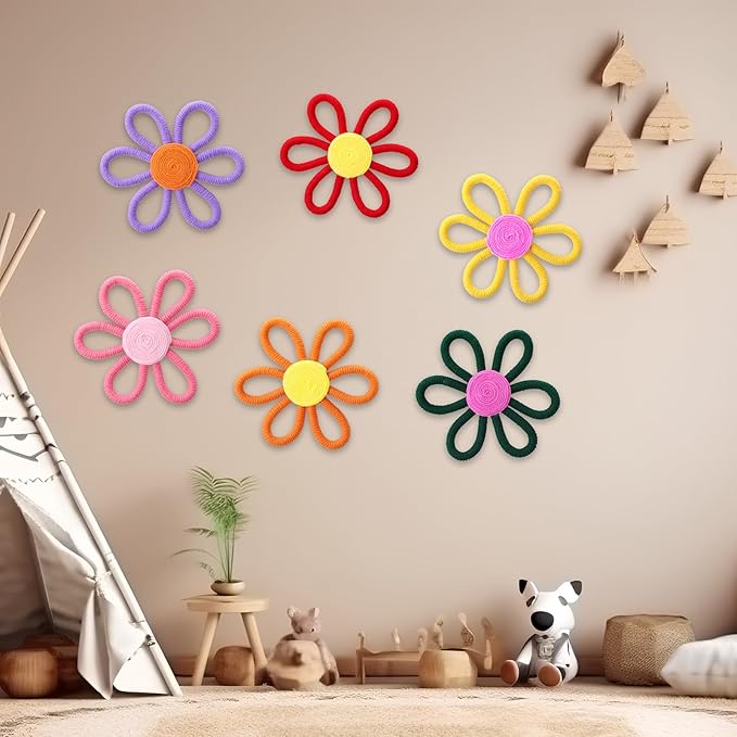 Ripeng 6 Pcs Boho Nursery Decor Flower Daisy Wall Art 6 Inch Woven Macrame Wall Hanging Bohemian Flower Decor Daisy Nursery for Baby Girls Kids Home Bedroom(Rainbow Color)