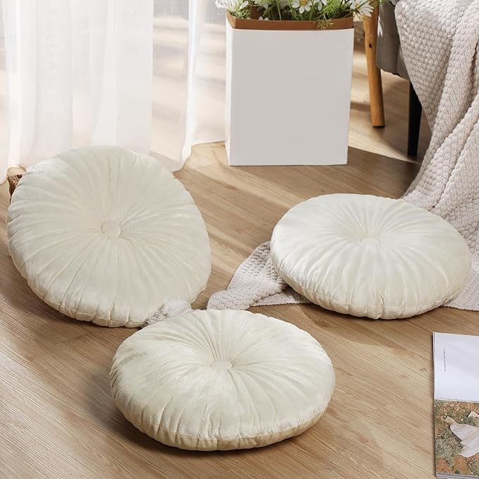 Namalu 3 Pcs Round Throw Pillow 13.8 Inch Decorative Round Velvet Floor Pillows Pumpkin Throw Pillows with Center Button for Thanksgiving Home Decor Living Room Sofa Couch Bed Chair (Beige)