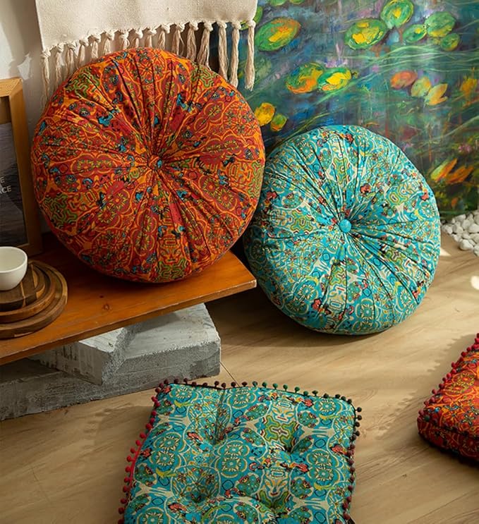 Round Bohemian Floor Pillow, Meditation Floor Seat Cushion, Large Soft Cotton Linen Pillows for Yoga Living Room Balcony Outdoor Tatami, 22x22 Inches (Round Orange)
