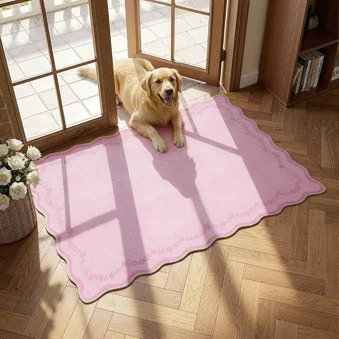 GarveeHome Scalloped Entryway Rug, 2x3 Valentines Solid Pink Washable Front Door Rug Indoor Entrance Floral Carpet Non-Slip Low Pile Throw Rugs for Kitchen, Powder Room, Entry, Bathroom, Kids Room