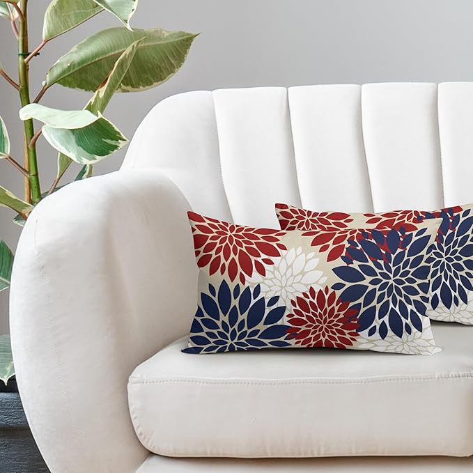 4th of July Blue Red White Pillow Covers 12X20 Inch Set of 2, Modern Geometry Dahlia Floral Print Holiday Decorative Throw Pillow Covers Outdoor Farmhouse Cushion Case for Couch Sofa Bed Decor