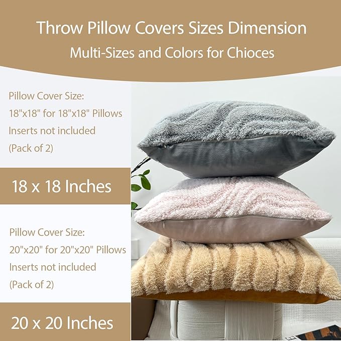 Khaki Couch Pillow Covers 20" x 20" Striped Elegant Fluffy Decorative Pillow Covers Set Faux Fur Boho Texture Throw Pillow Covers Decor for Sofa Chair Livingroom - 2 Pieces