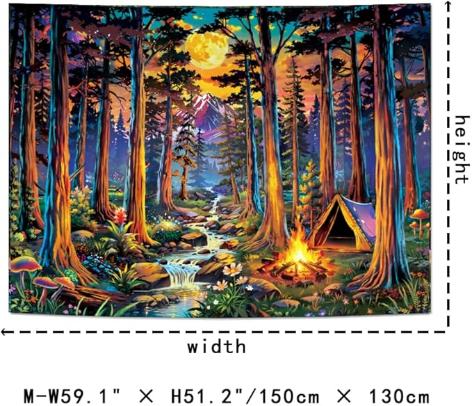Racunbula Blacklight Fantasy Forest Tapestry UV Reactive Galaxy Space Moon Tapestry Trippy Pine Trees Wall Tapestries Nature Landscape Mountain River Tapestries Wall Hanging for Bedroom