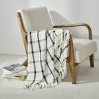 CREVENT 50"X60" Farmhouse Breathable Soft and Warm Chenille Plaid Throw Blanket for Sofa Couch Bed, Home Decoration Throw with Tassles (Black & White)
