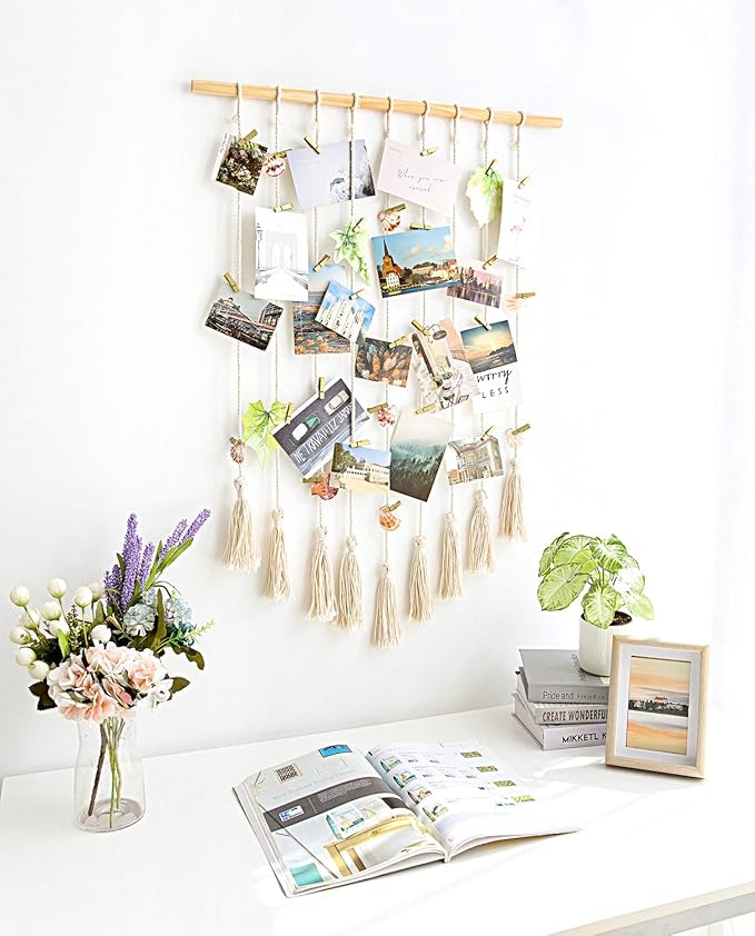 Mkono Teen Girl Room Decor Boho Macrame Hanging Photo Display, Pictures Cards Holder Wall Art for Bedroom Livingroom Dorm Home Teens Women Christmas Birthday Gift, with 40 Wood Clips, 37" L x 23.6''W