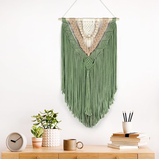 HVEST Macrame Woven Wall Hanging Handmade Boho Tapestry Green Home Decor, Bohemian Tapestry Aesthetic Wall Decoration for Bedroom Living Room Apartment Nursery Backdrop