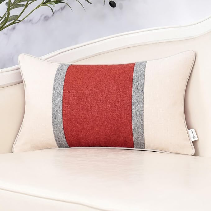 Yangest Patchwork Pillow Cover 12x20 Inch Luxury Cotton and Linen Cushion Cover Rectangle Pillowcover for Couch Bedroom Living Room,Orange