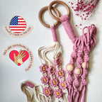 Set of 2 Macrame plant hanger with Daisies & Beads | Hanging plant holder Macrame Plant hangers outdoor and indoor hanging planters Plant stand indoor Boho Decor hanging planter stand (Champagne Pink)