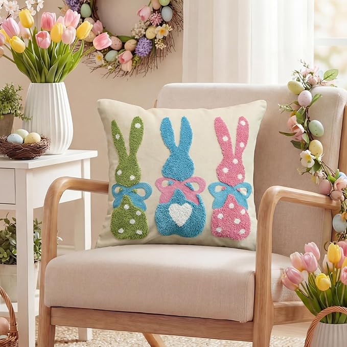 AVOIN colorlife Easter Polka Dot Heart Colorful Bunny Embroidered Throw Pillow Cover, 18 x 18 Inch Bow Rabbits Tufted Patterned Linen Decoration Cushion Case for Sofa