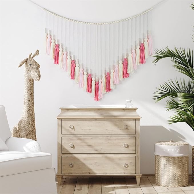 EOBTAIN Large Macrame Wall Hanging,Boho Blush Pink Tassel with Wood Beads Wall Decor for Nursery Bedroom Handmade Bohemian Tapestry for Living Room Dorm Home Decoration,Gifts for Girls Woman 30x36 Inch