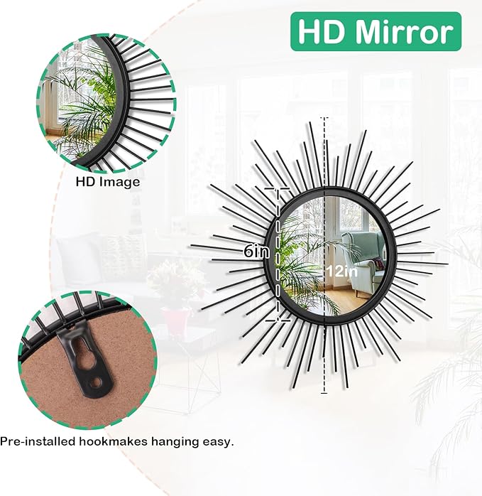 Sunburst Wall mirror Black Small Spoked Wall Decor Mirror Bohemian Home Round Modern Metal Wall Art Mirror for Living room Hallway Bedroom Bathroom Balcony Farmhouse Entrance 12"
