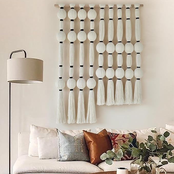 Fiber Macrame Wall Hanging Boho Ball Wall Art Bohemian for Living Room Bedroom White