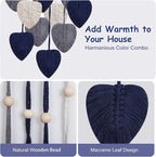 Macrame Wall Hanging Decor Leaves Tapestry, Boho Wall Decor Woven Feather Handmade Yarn Tassels Macrame Wooden Hanging Decorations for Office,Living, Bedroom, Nursery,Apartment Room,16x26 Inch(Blue)