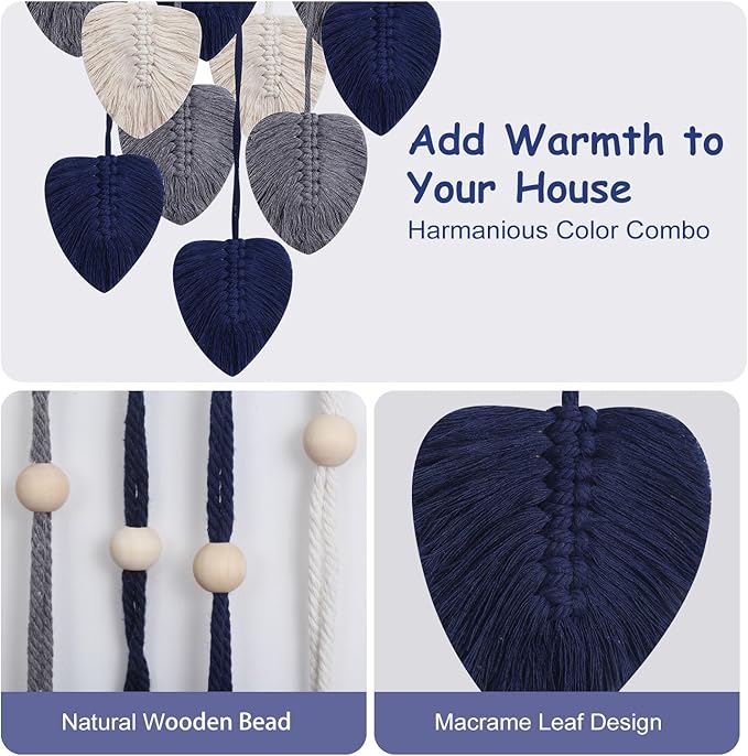 Macrame Wall Hanging Decor Leaves Tapestry, Boho Wall Decor Woven Feather Handmade Yarn Tassels Macrame Wooden Hanging Decorations for Office,Living, Bedroom, Nursery,Apartment Room,16x26 Inch(Blue)