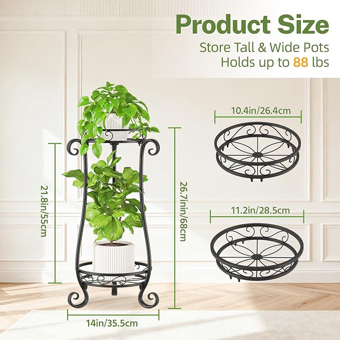 iDavosic.ly 2 Tier Metal Plant Stand Indoor Outdoor, Iron Corner Tall Flower Pot Holder Shelf, 27 Inch Vertical Heavy Duty Display Rack for Patio Porch Living Room Garden, Black
